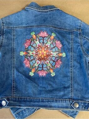 Disney Encanto Butterfly Graphic Denim Jacket Blue Stretch Jean Jacket Girls 7/8